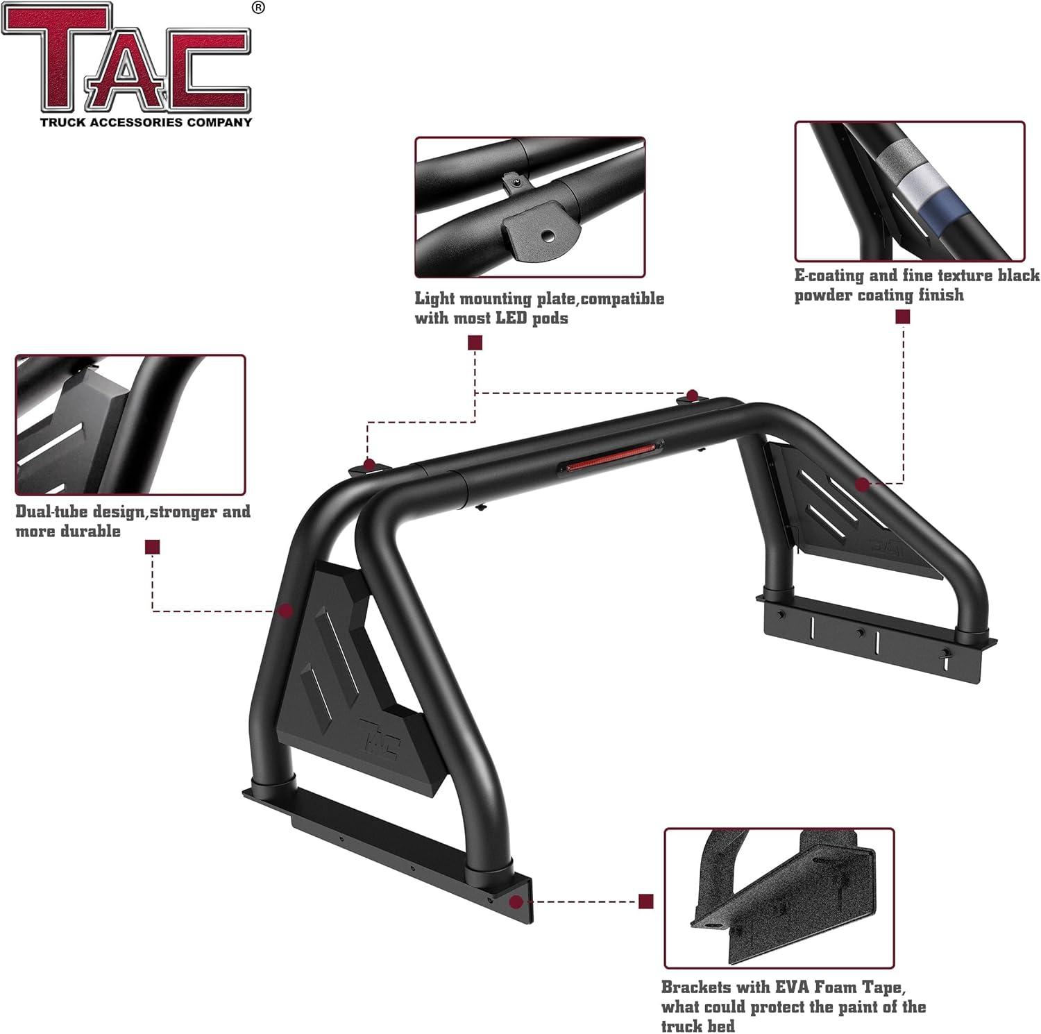imageTAC T1 Roll Bar Sport Bar Compatible with 20152022 Chevy Colorado  Carbon Steel Black with Brake LightInclude Mount Plate of LED Light