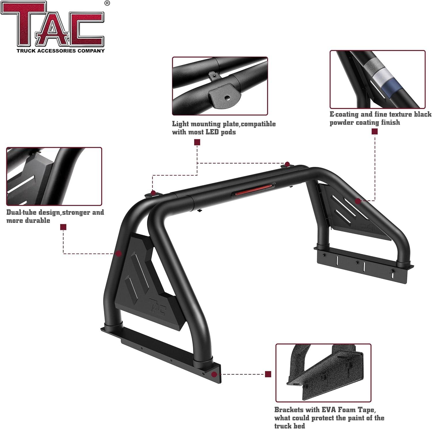 imageTAC T1 Sport Bar Roll Bar Compatible with 20042024 F15019992024 F250350450550 Super Duty Full Size Pickup Truck with Brake Light Carbon Steel BlackInclude Mount Plate of LED Light