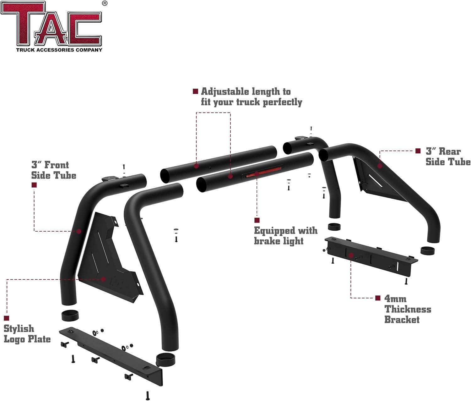 imageTAC T1 Sport Bar Roll Bar Compatible with 20042024 F15019992024 F250350450550 Super Duty Full Size Pickup Truck with Brake Light Carbon Steel BlackInclude Mount Plate of LED Light
