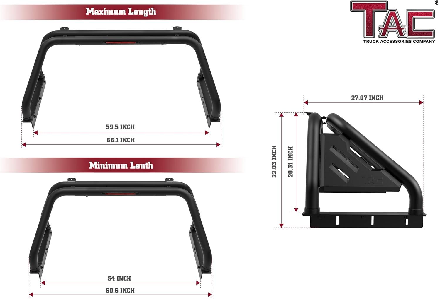 imageTAC T1 Sport Bar Roll Bar Compatible with 20152022 GMC Canyon  Carbon Steel Black with Brake Light Include Mount Plate of LED Light